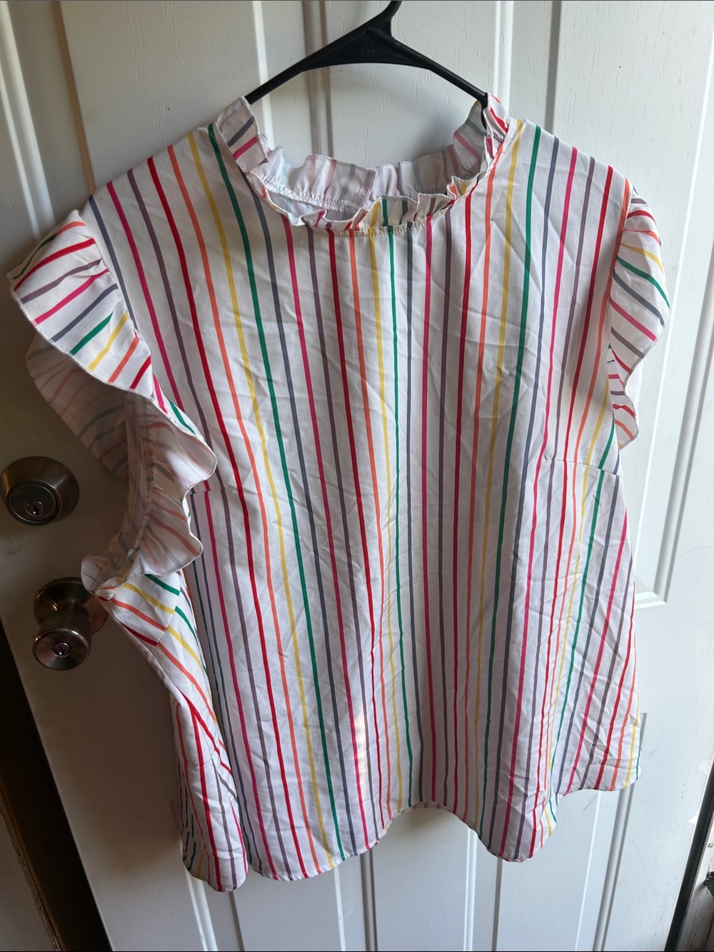 SHEIN White Rainbow Stripe Ruffle Sleeve Top
